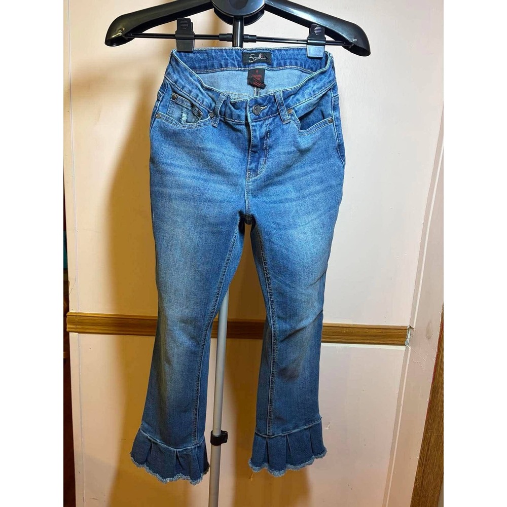 Earl‎ Jean Blue Ruffle Hem Cropped Flare Jeans Size 6 Frayed Edge Distressed
